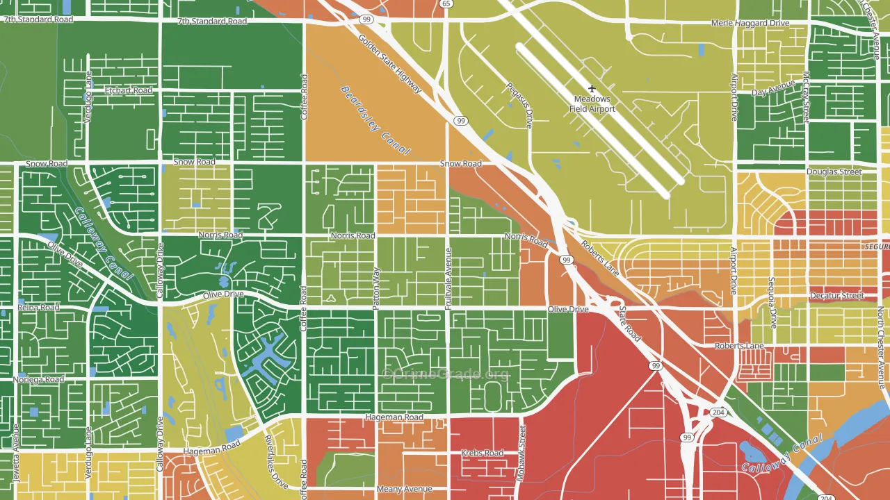 Olive Drive Area, Bakersfield, CA Map of Robbery Rates