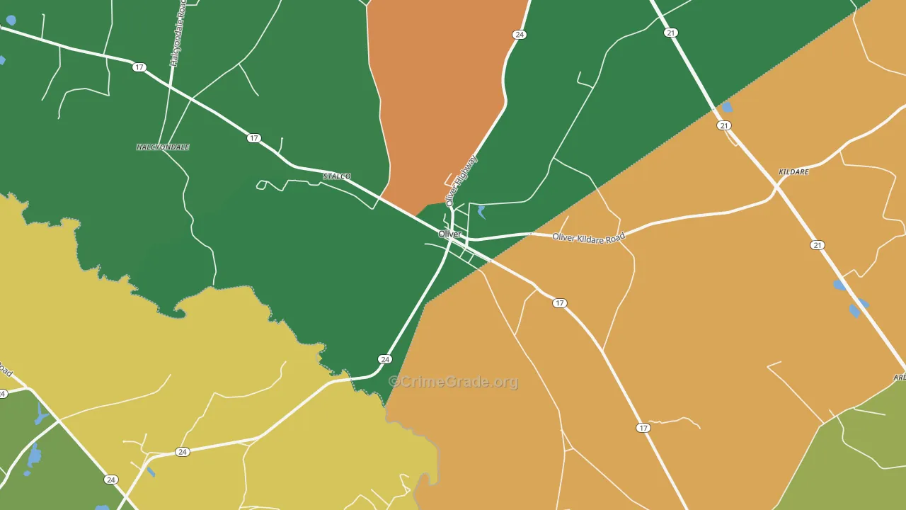 Oliver, GA Map of Robbery Rates