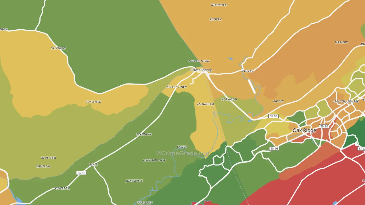 Oliver Springs, TN Map of Robbery Rates