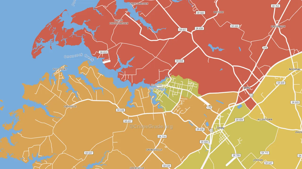 Onancock, VA Map of Robbery Rates