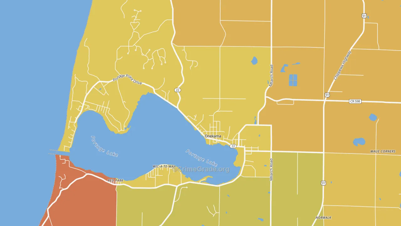 Onekama, MI Map of Robbery Rates