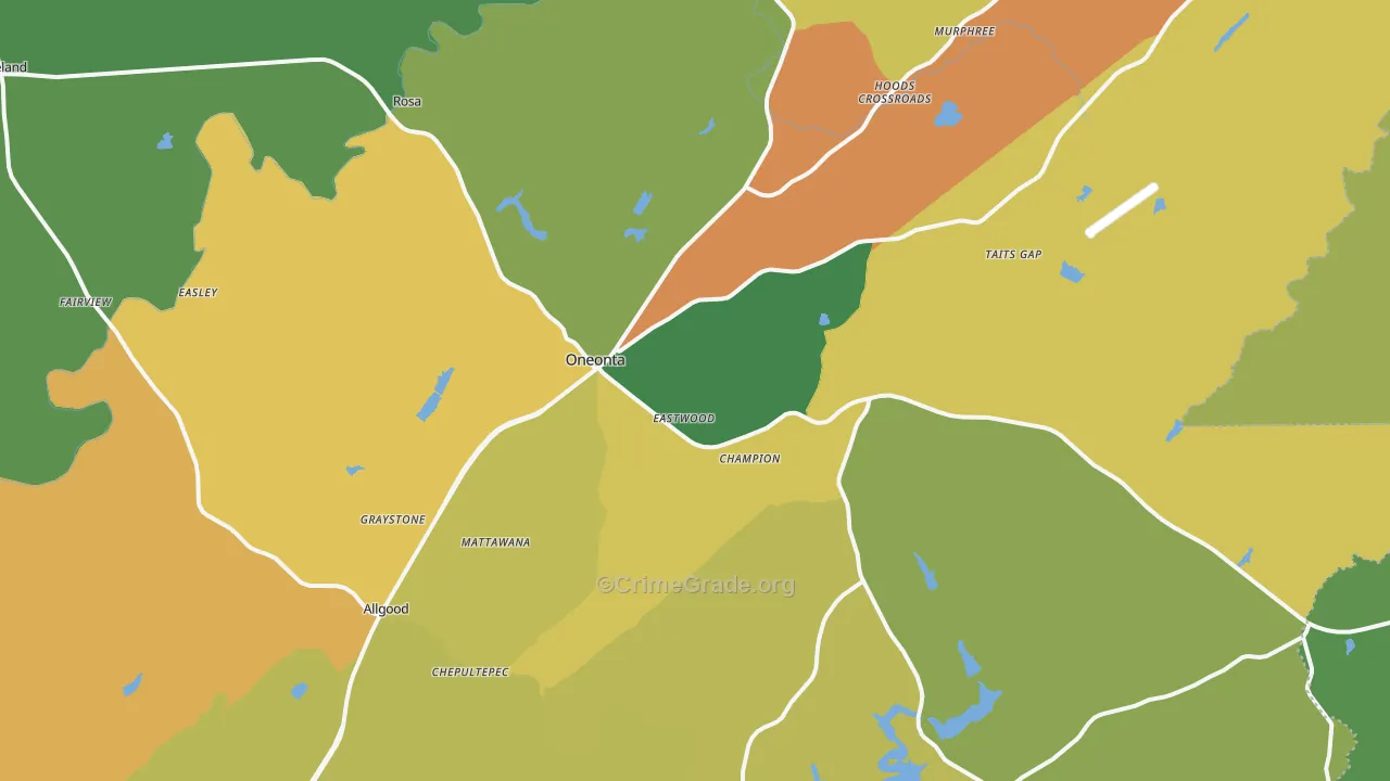 Oneonta, AL Map of Robbery Rates