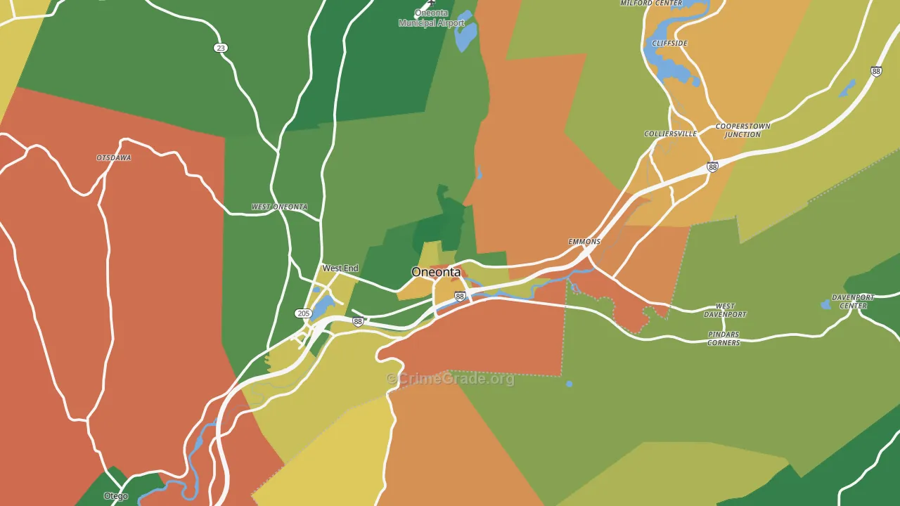 Oneonta, NY Map of Robbery Rates