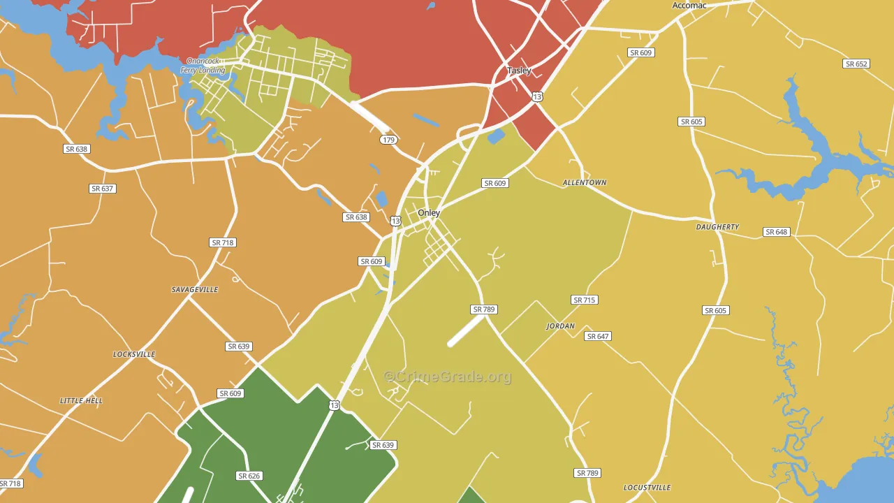 Onley, VA Map of Robbery Rates