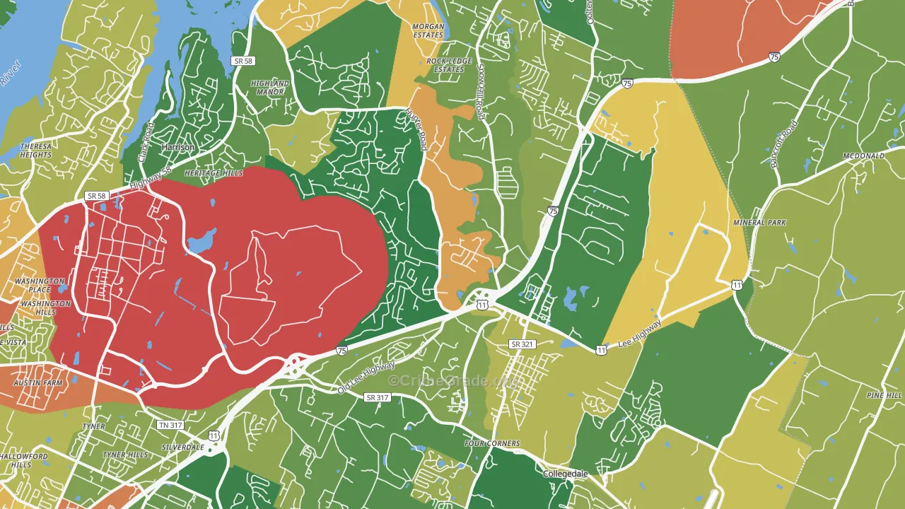 Ooltewah, TN Map of Robbery Rates