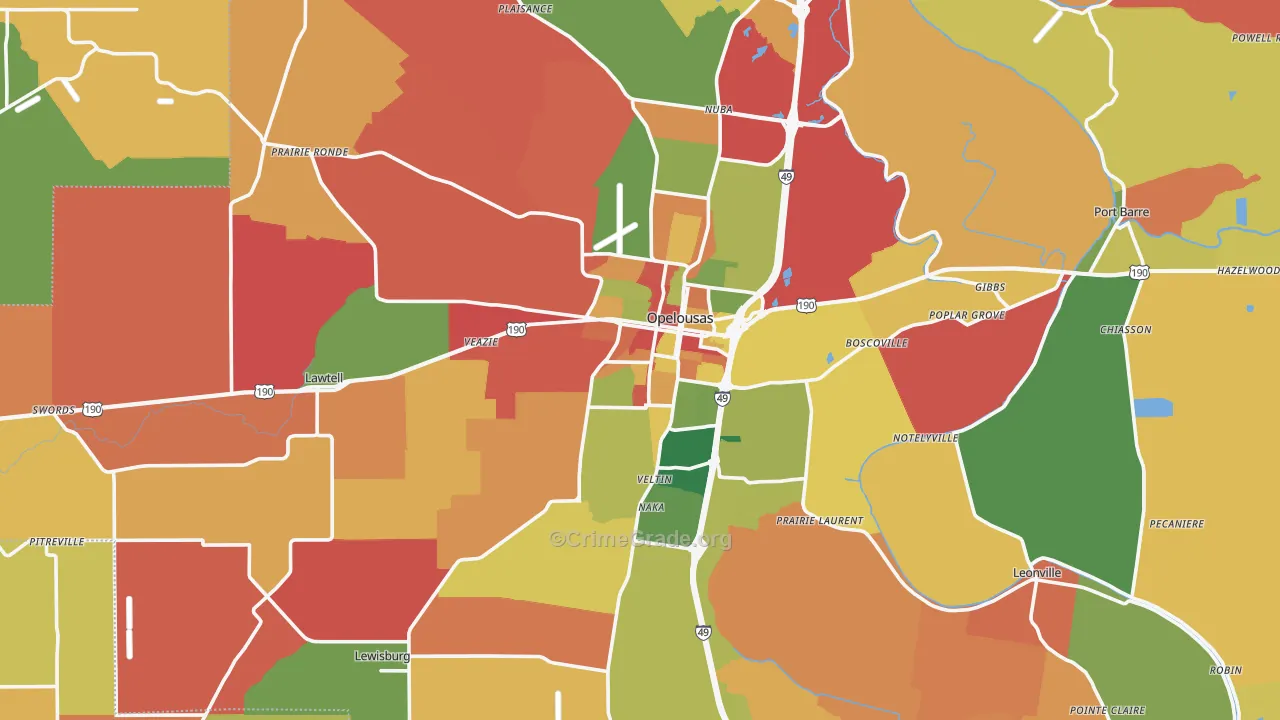 Opelousas, LA Map of Robbery Rates
