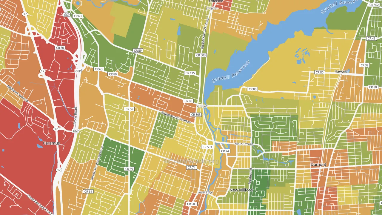 Oradell, NJ Map of Robbery Rates