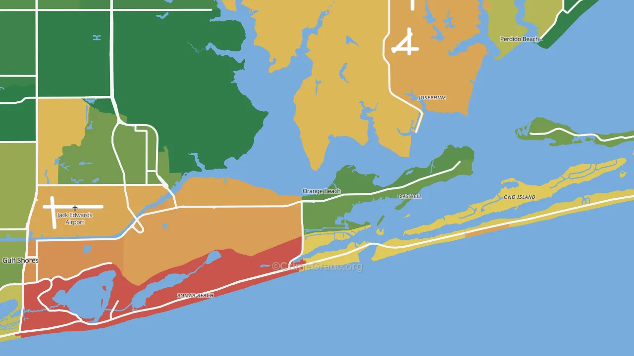 Orange Beach, AL Map of Robbery Rates