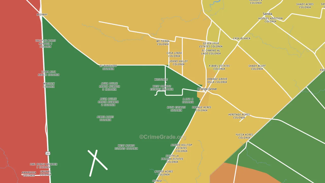 Orange Grove, TX Map of Robbery Rates