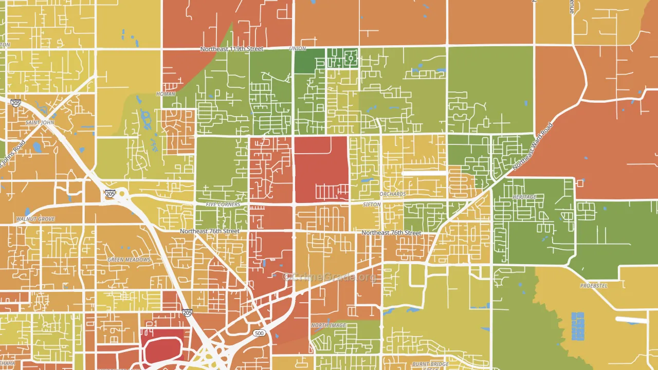 Orchards Area, Orchards, WA Map of Robbery Rates