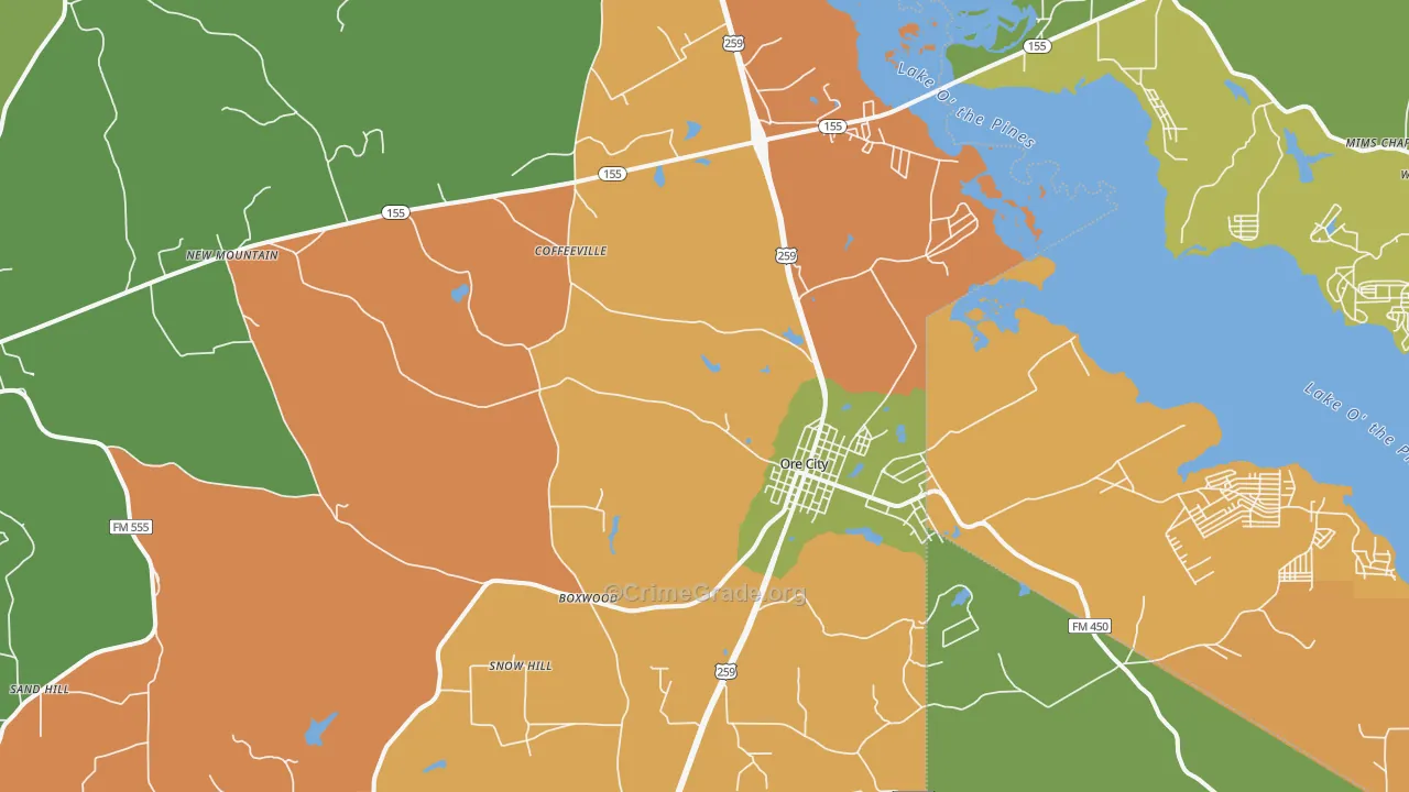 Ore City, TX Map of Robbery Rates