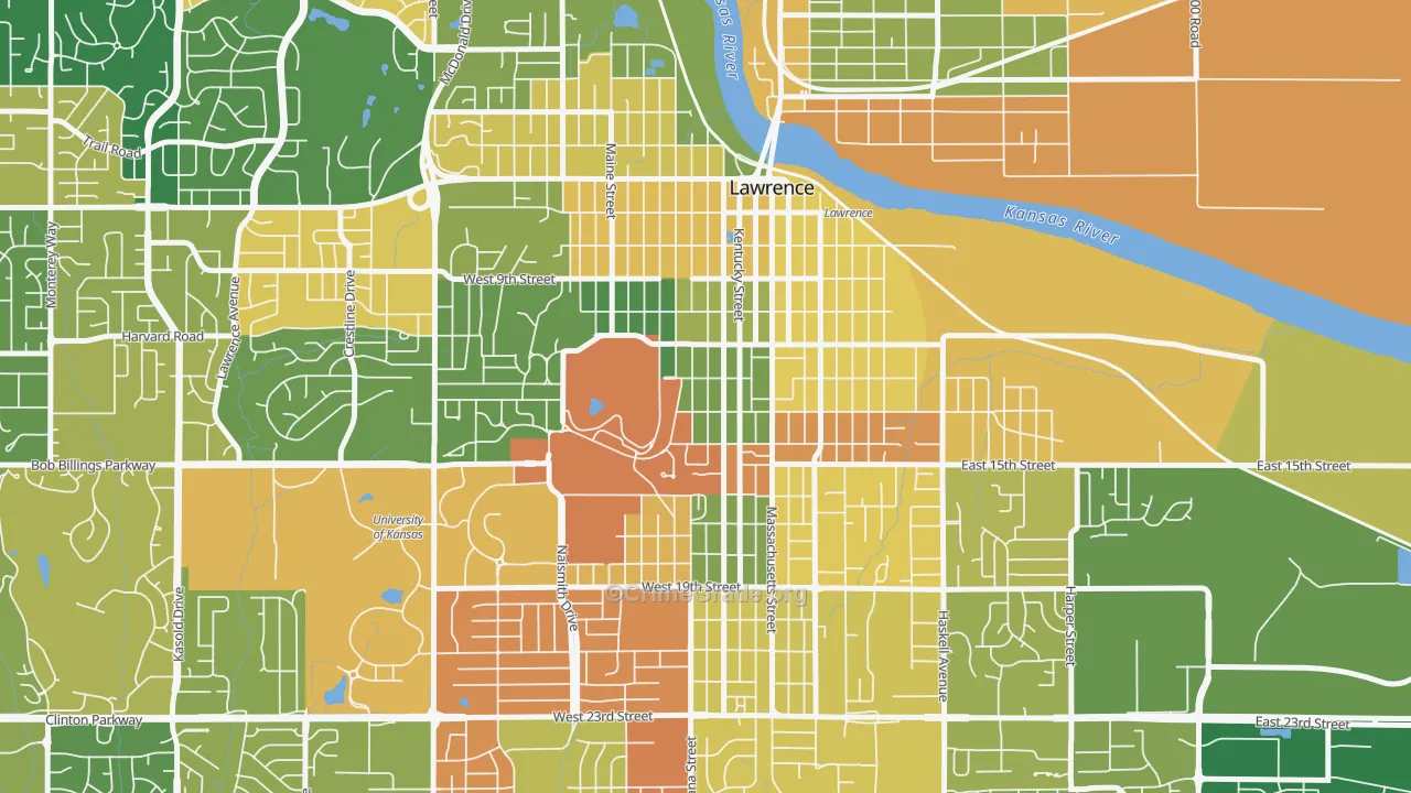 Oread, Lawrence, KS Map of Robbery Rates