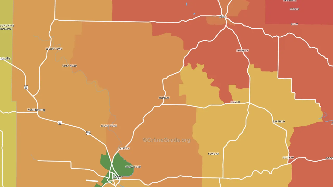 Oregon County, MO Map of Robbery Rates