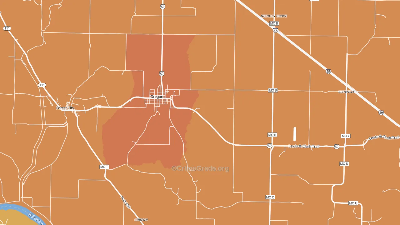 Oregon, MO Map of Robbery Rates