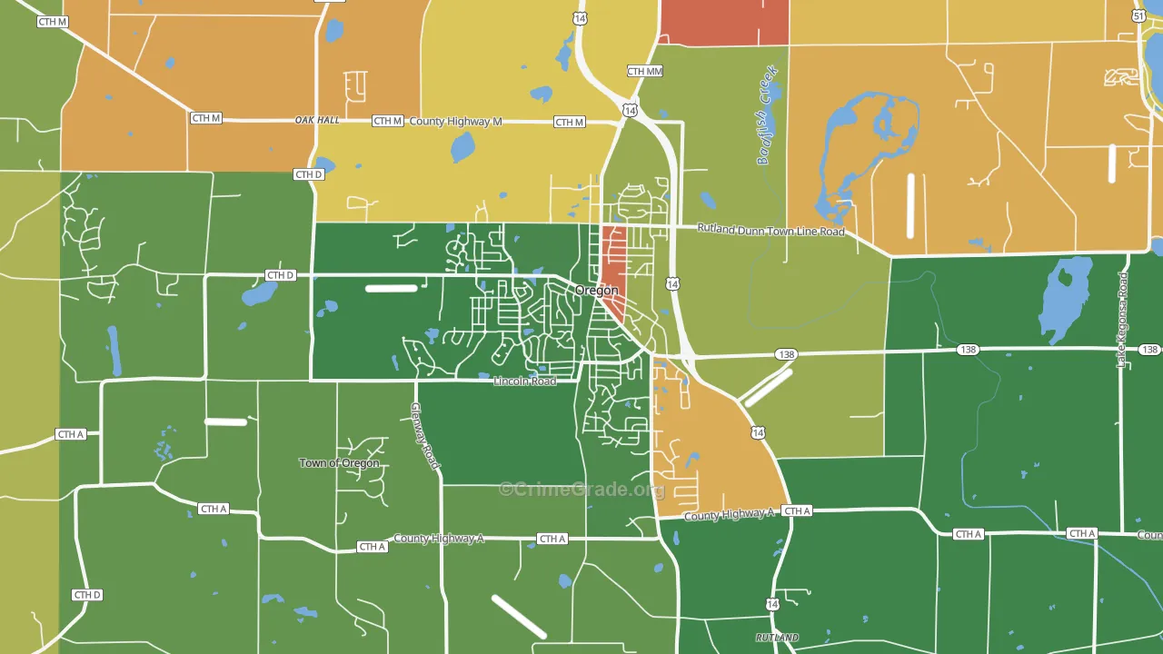 Oregon, WI Map of Robbery Rates