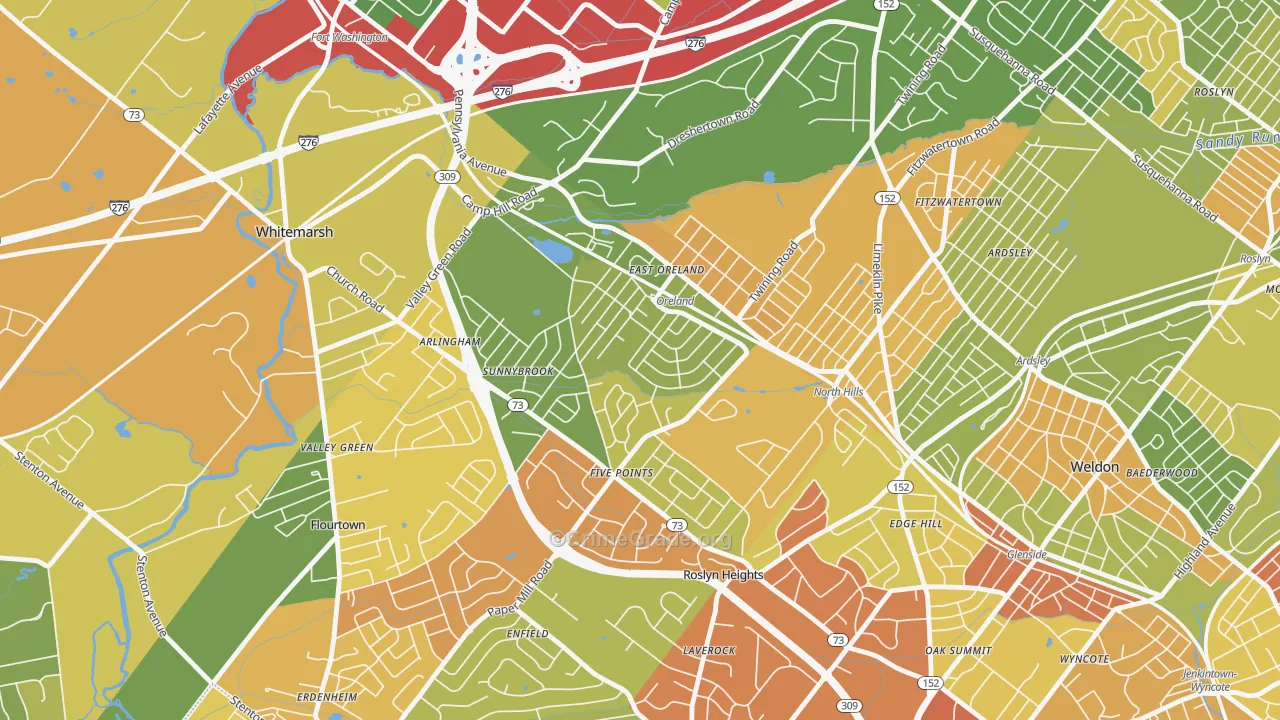 Oreland, PA Map of Robbery Rates