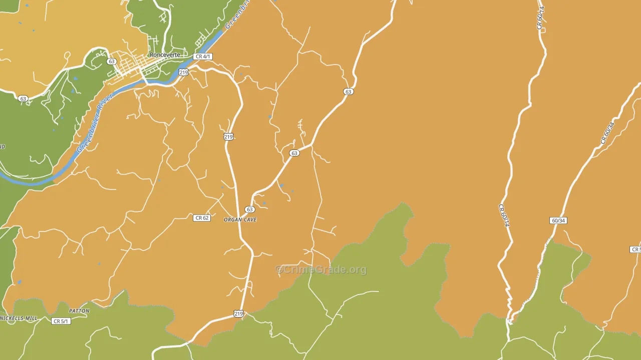 Organ Cave, WV Map of Robbery Rates