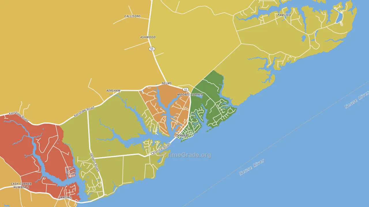 Oriental, NC Map of Robbery Rates