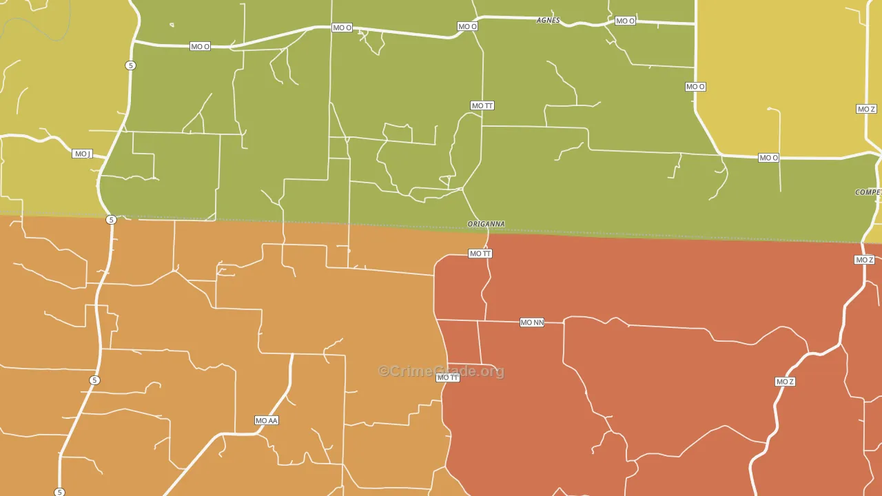 Origanna, MO Map of Robbery Rates