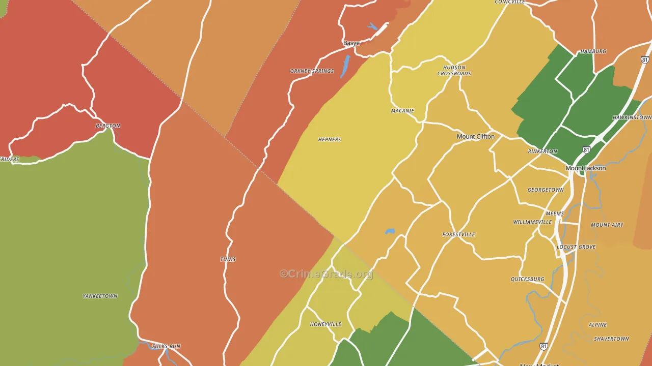 Orkney Springs, VA Map of Robbery Rates