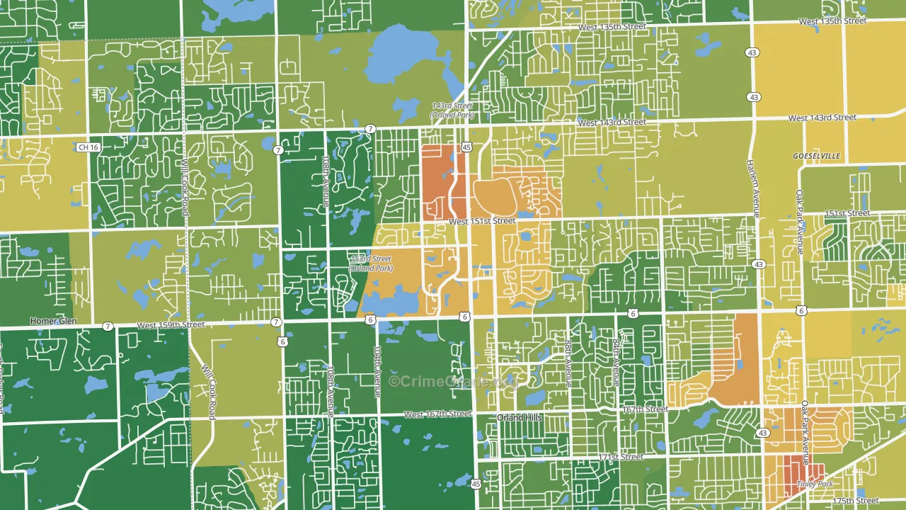 Orland Park, IL Map of Robbery Rates
