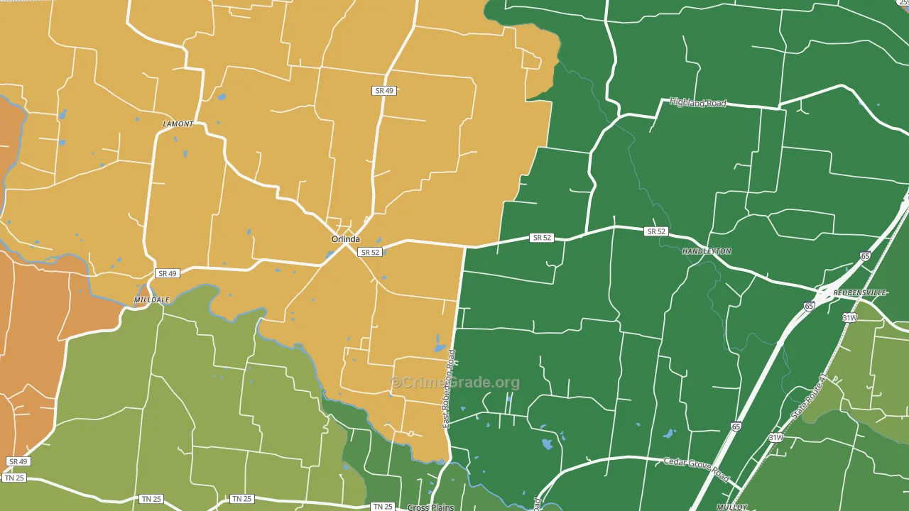 Orlinda, TN Map of Robbery Rates