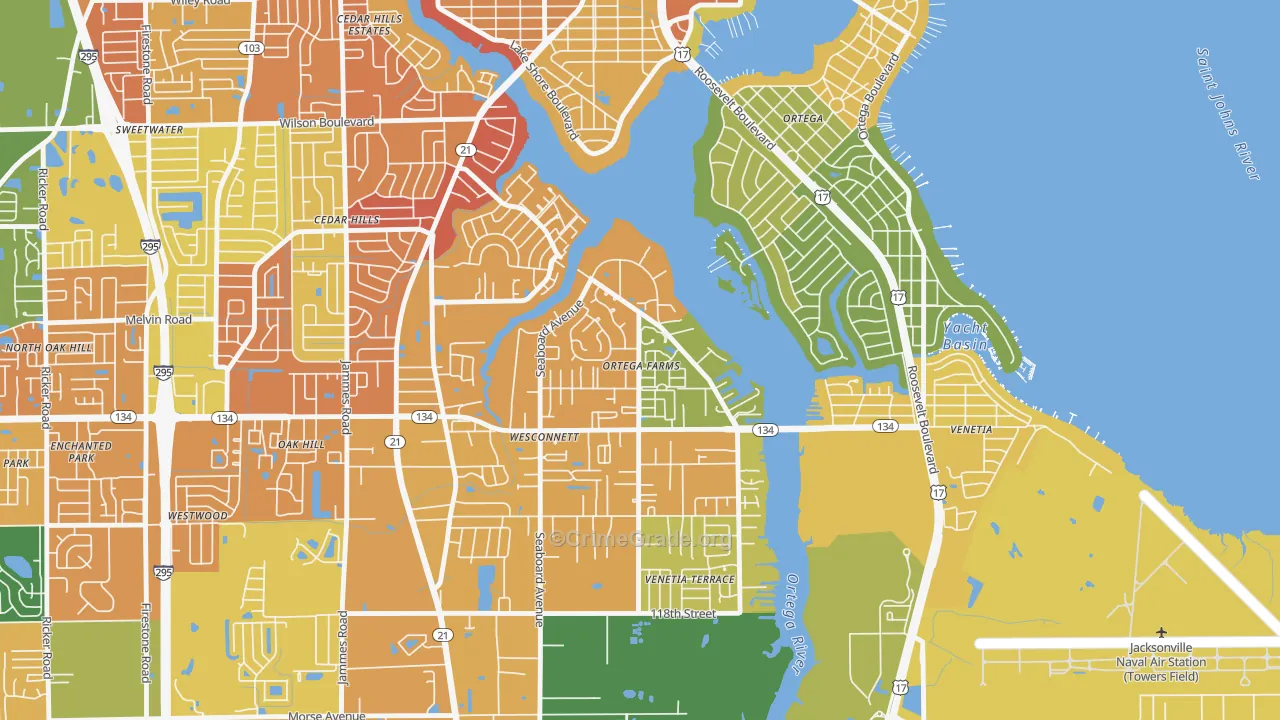 Ortega Farms, Jacksonville, FL Map of Robbery Rates
