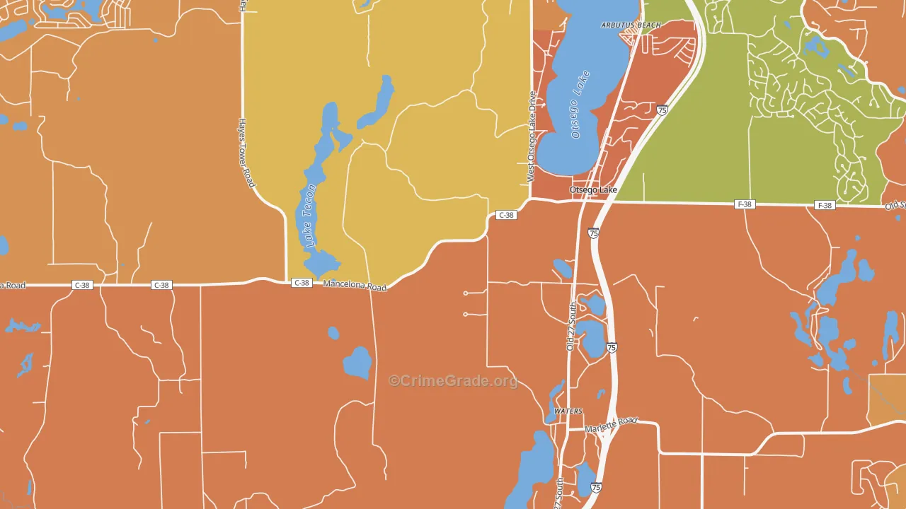 Otsego Lake, MI Map of Robbery Rates