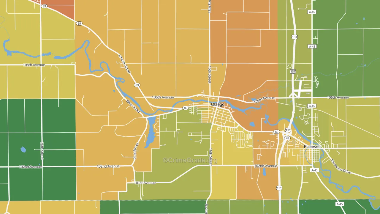 Otsego, MI Map of Robbery Rates