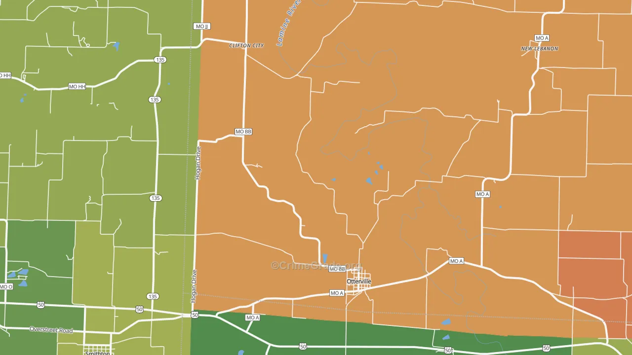 Otterville, MO Map of Robbery Rates