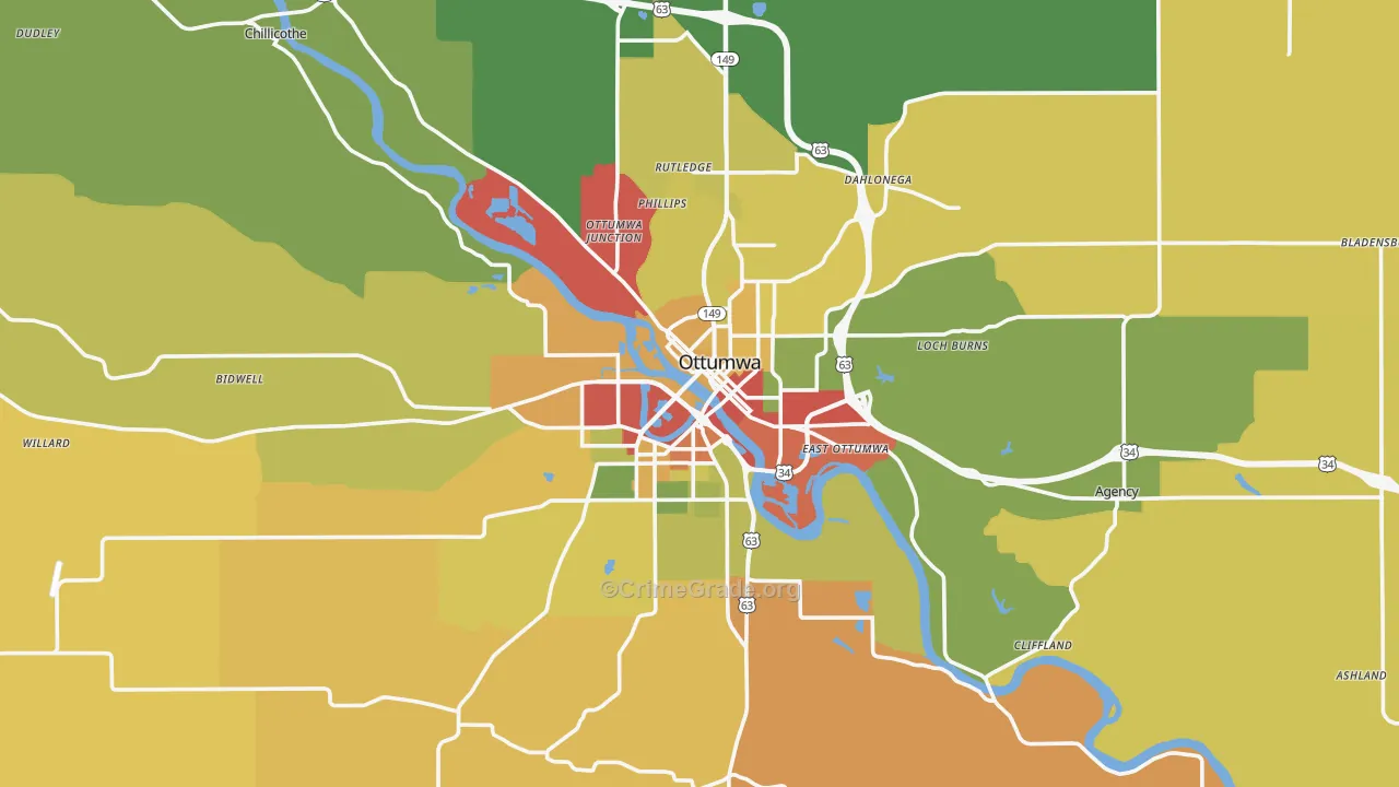 Ottumwa, IA Map of Robbery Rates