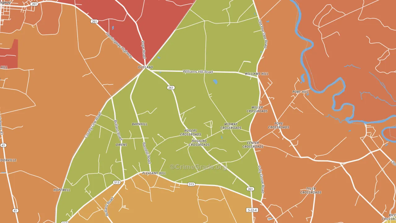 Outland, SC Map of Robbery Rates