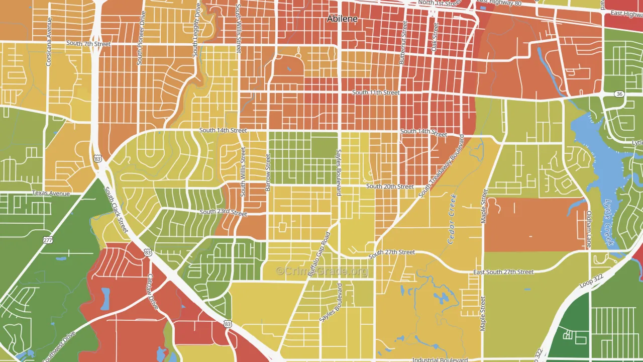 Over Place Area, Abilene, TX Map of Robbery Rates