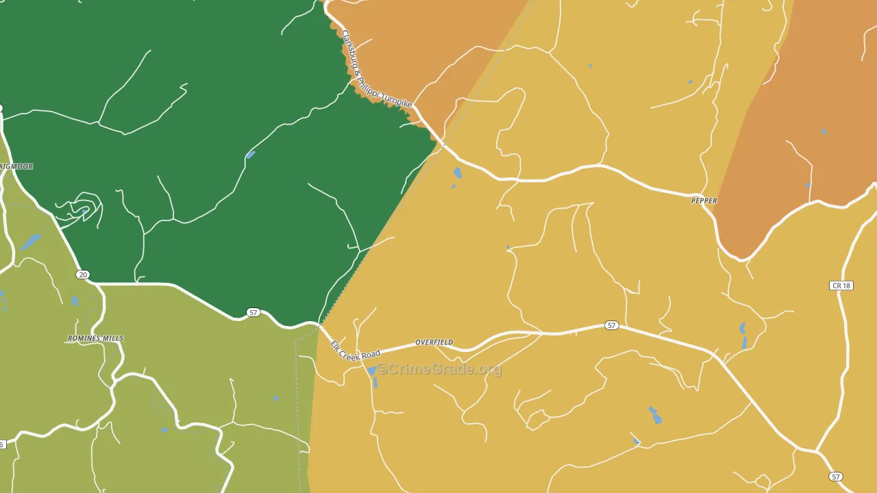 Overfield, WV Map of Robbery Rates