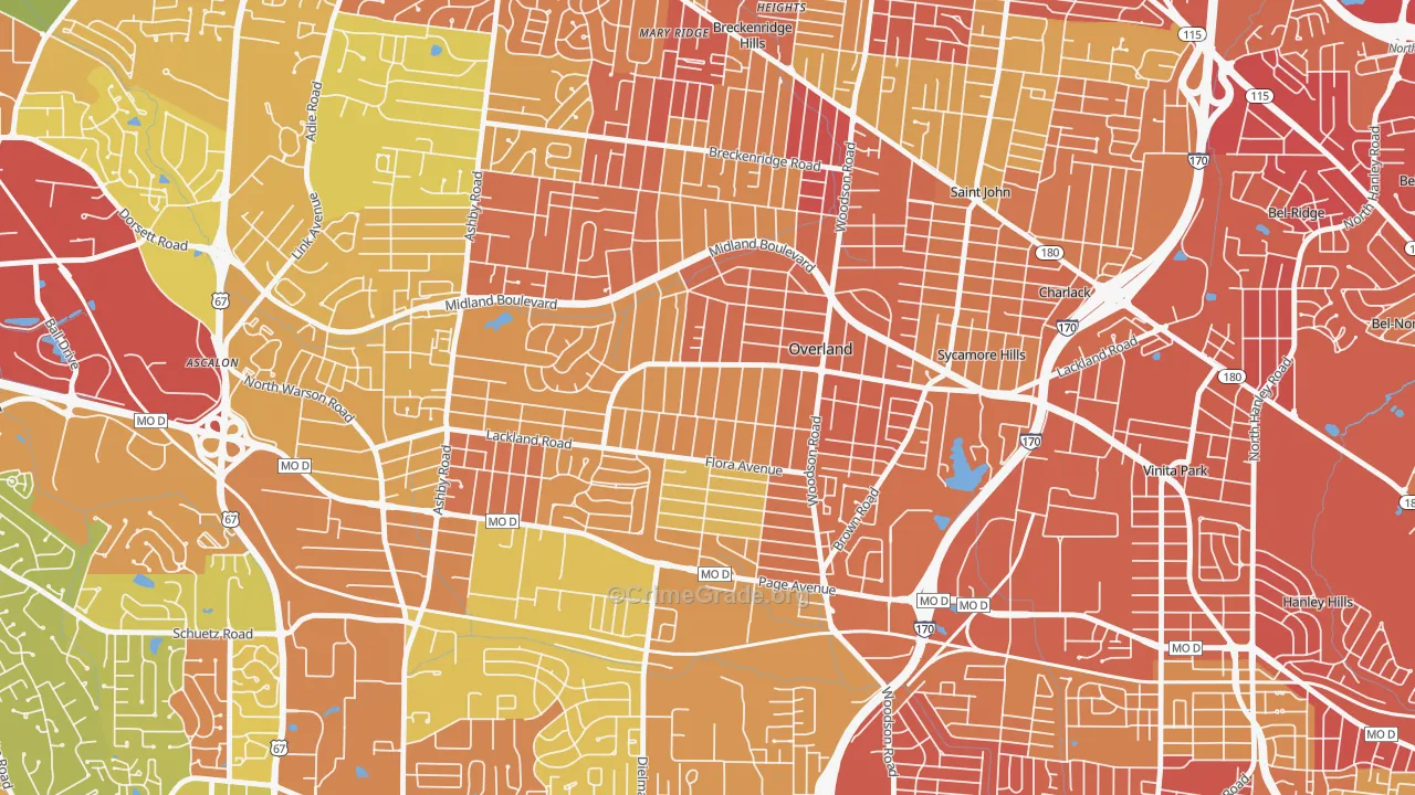 Overland, MO Map of Robbery Rates