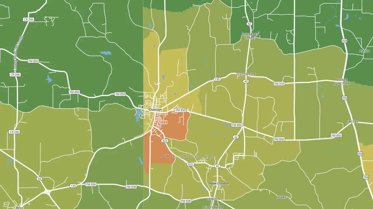 Overton, TX Map of Robbery Rates