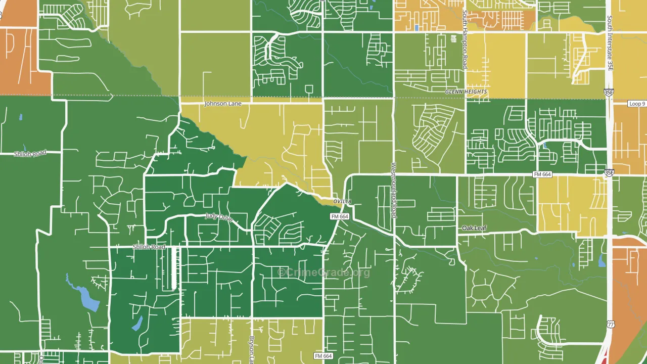 Ovilla, TX Map of Robbery Rates