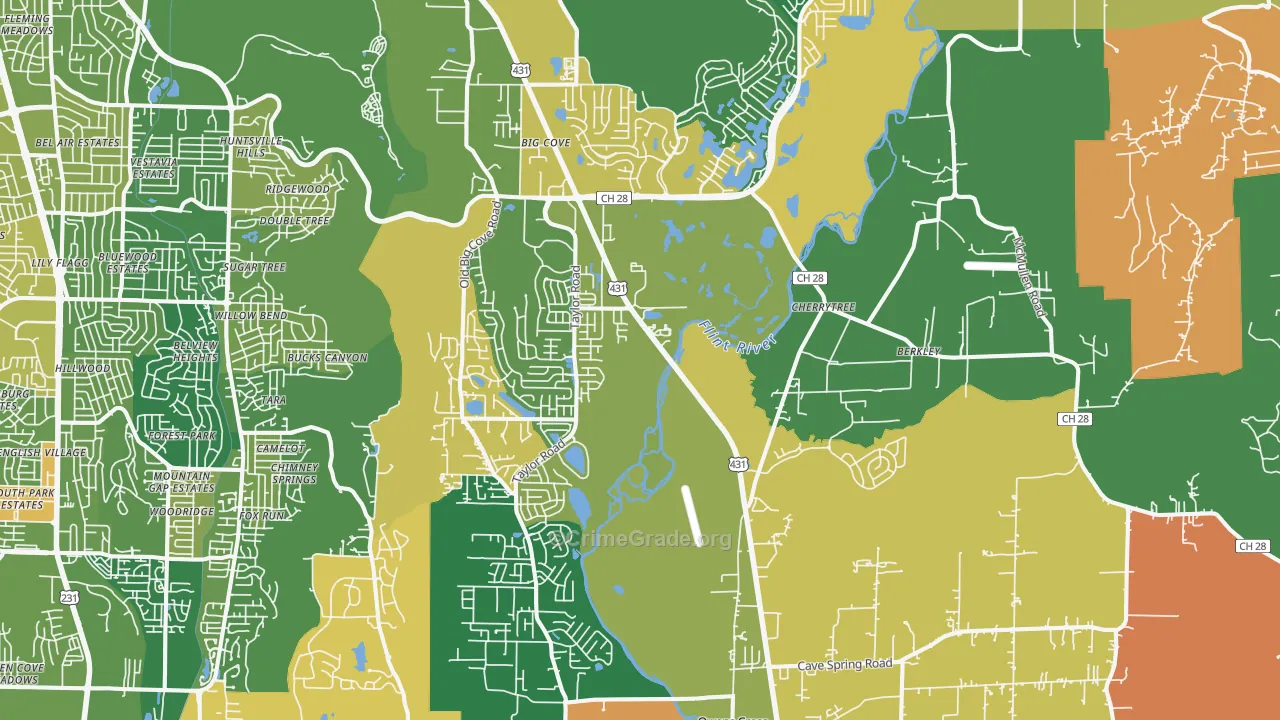 Owens Cross Roads, AL Map of Robbery Rates