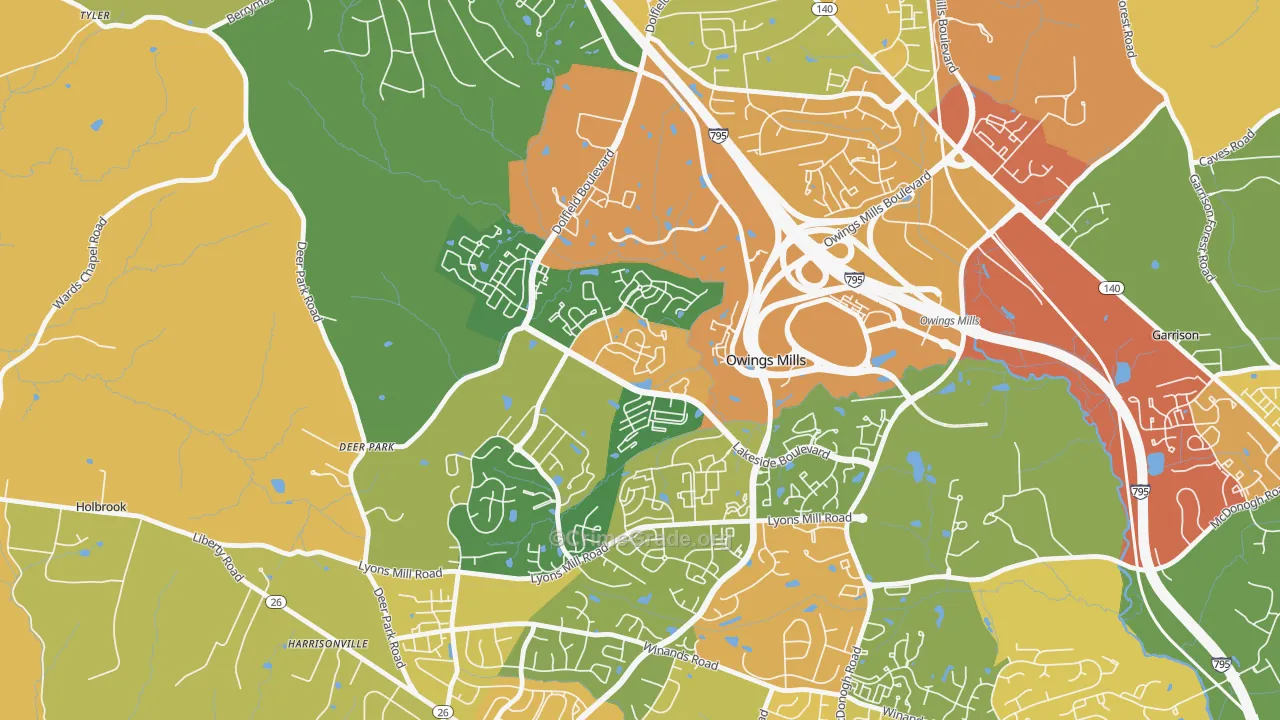 Owings Mills New Town, Owings Mills, MD Map of Robbery Rates