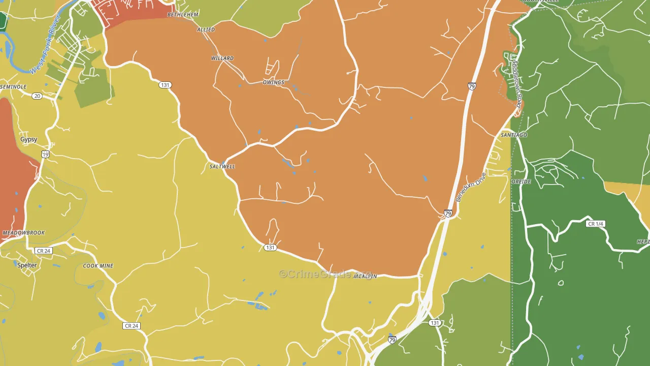 Owings, WV Map of Robbery Rates