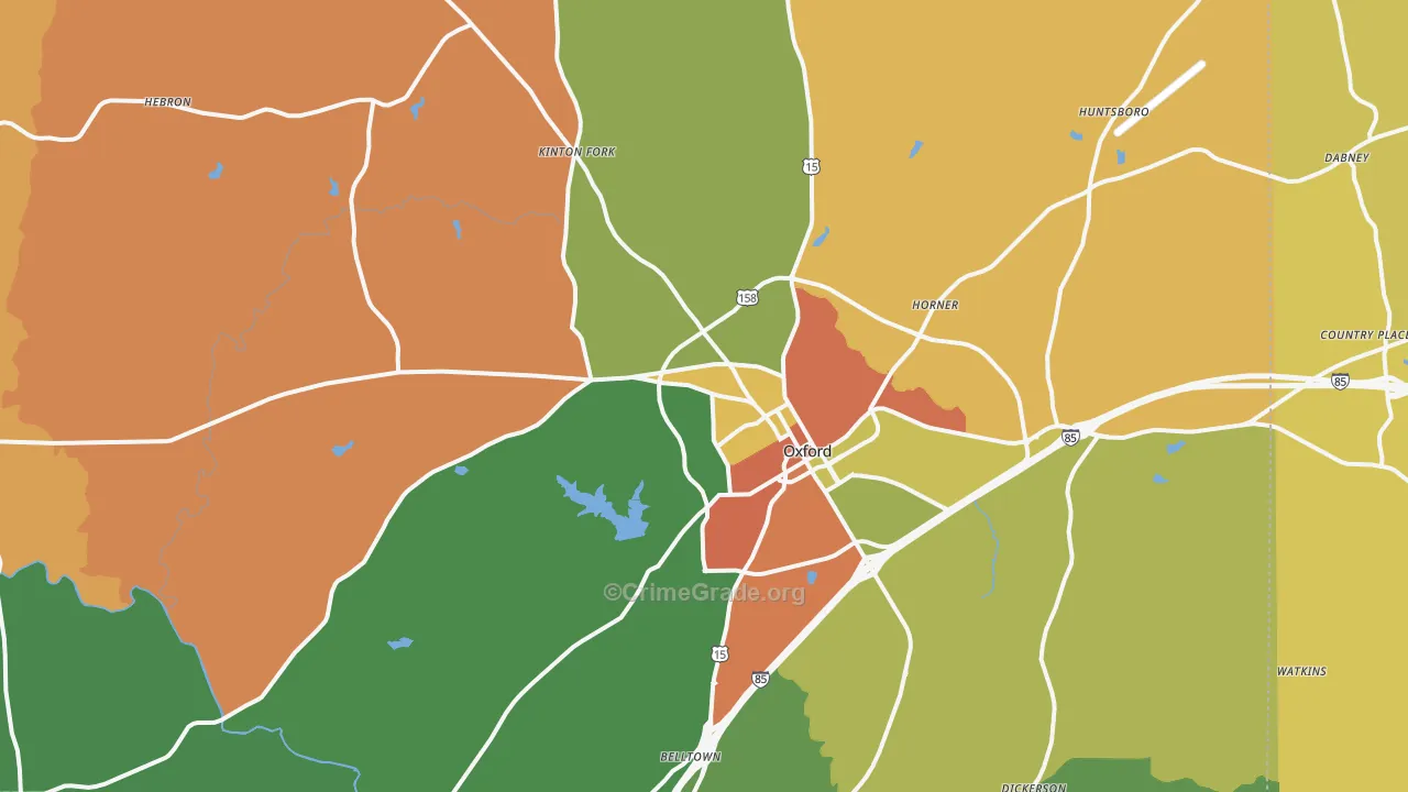 Oxford, NC Map of Robbery Rates
