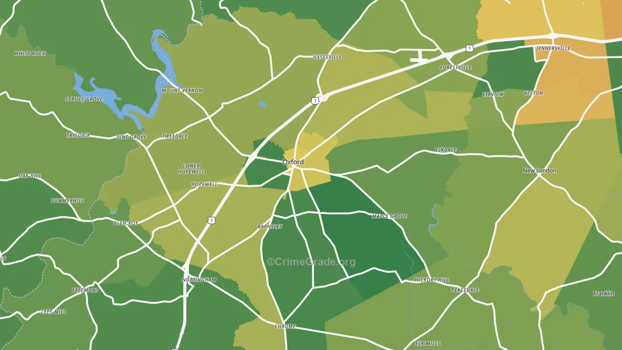 Oxford, PA Map of Robbery Rates