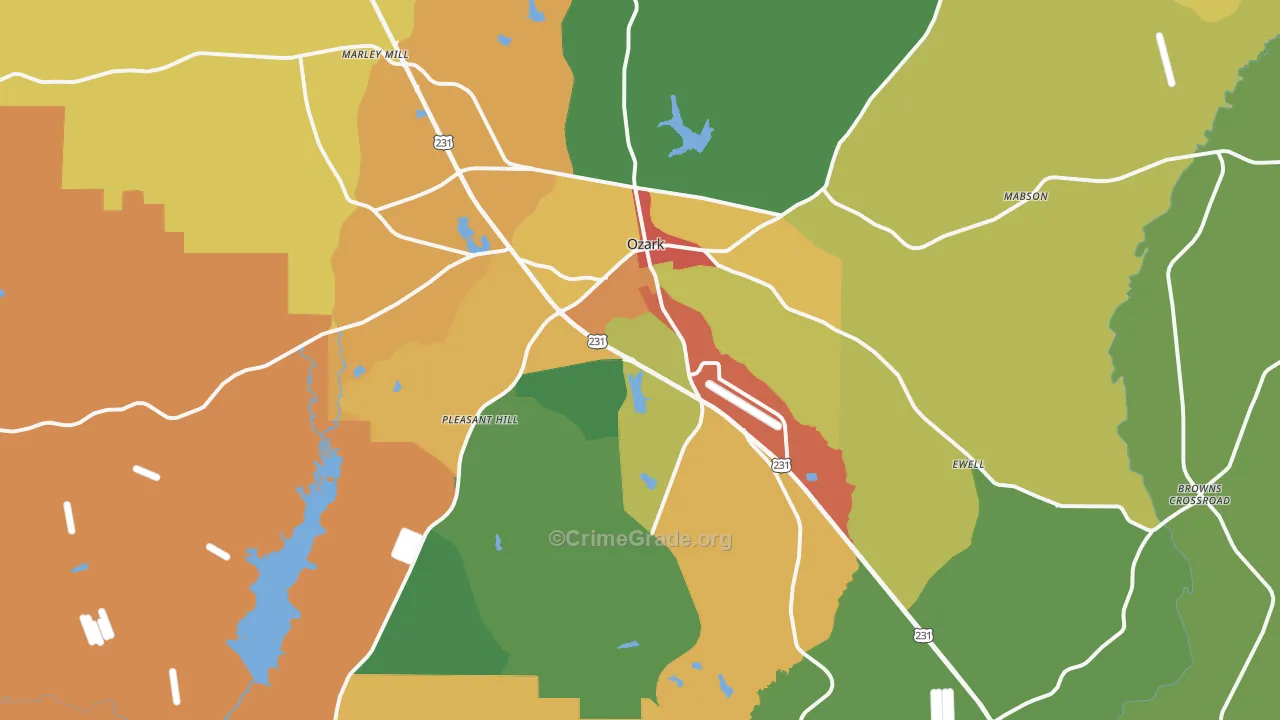 Ozark, AL Map of Robbery Rates