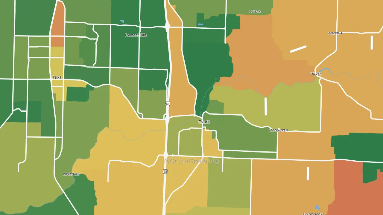 Ozark, MO Map of Robbery Rates