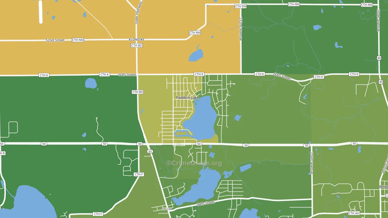 Paddock Lake, WI Map of Robbery Rates