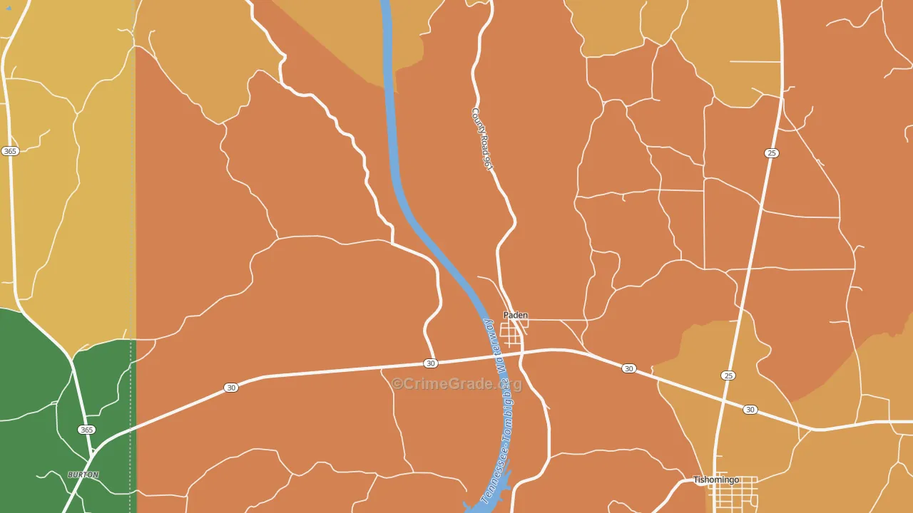 Paden, MS Map of Robbery Rates