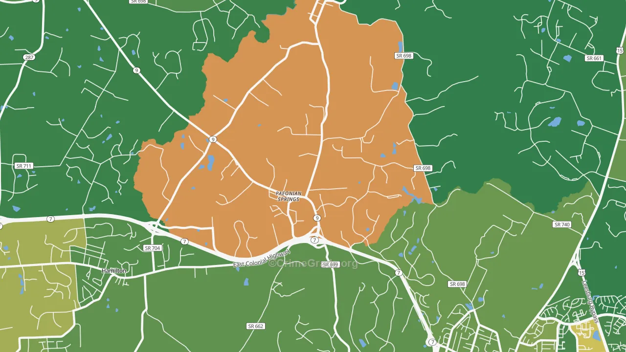 Paeonian Springs, VA Map of Robbery Rates