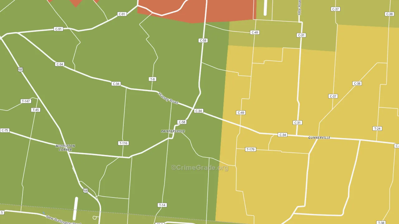 Paintersville, OH Map of Robbery Rates
