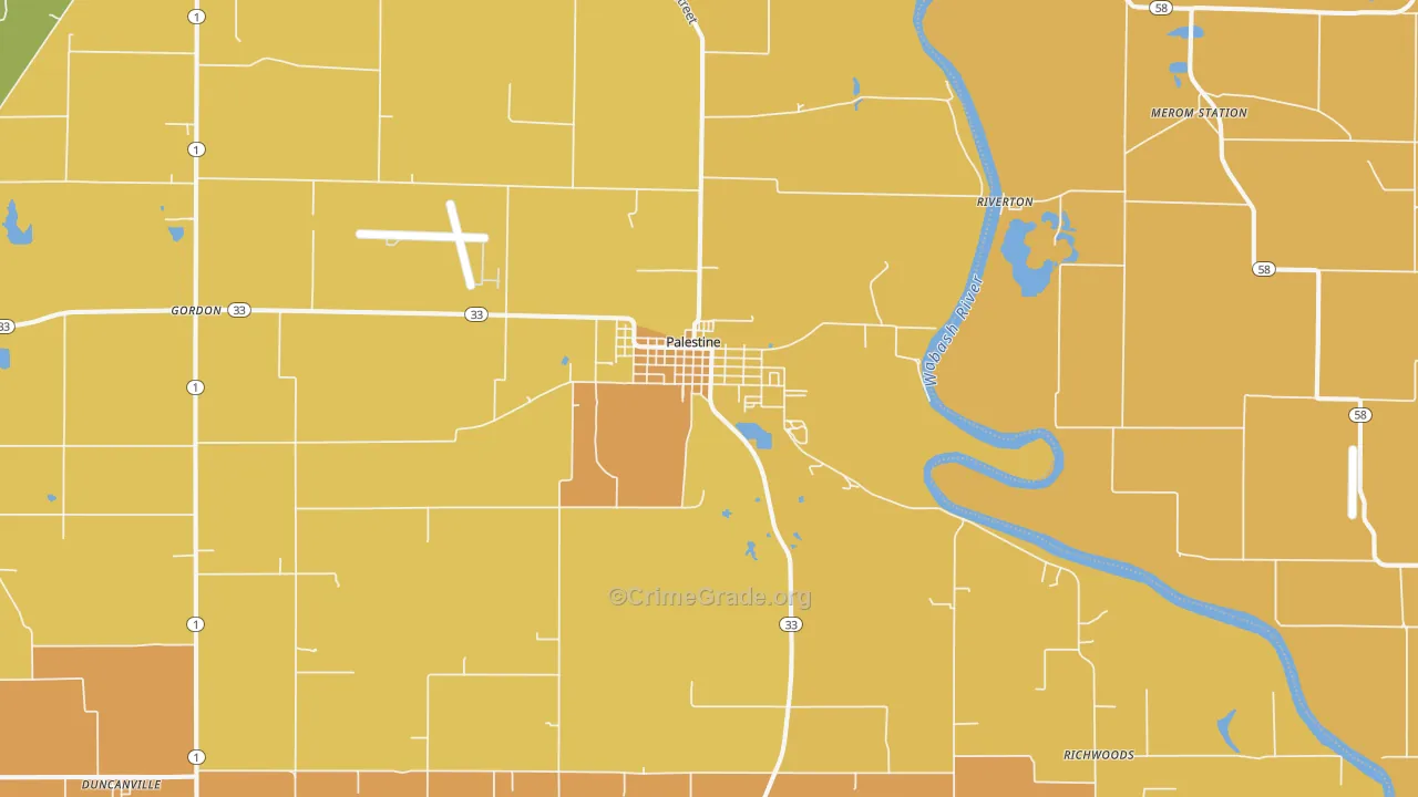 Palestine, IL Map of Robbery Rates