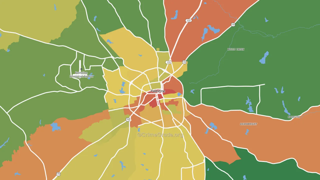 Palestine, TX Map of Robbery Rates